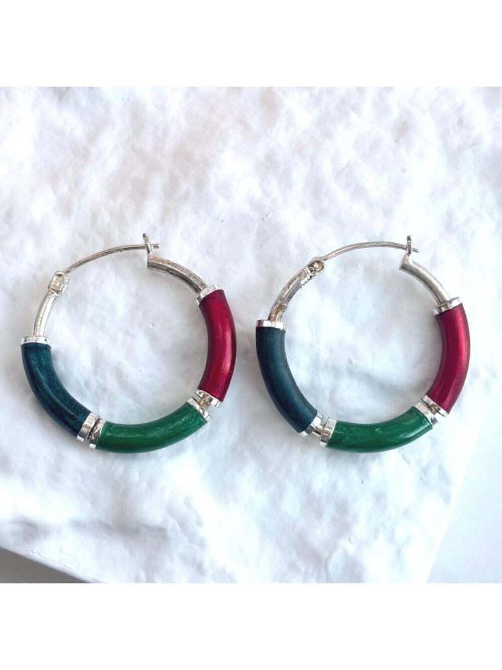 Multicolor Enameled Sterling Silver Vintage 925 Elegant 70's Hoop Earrings
